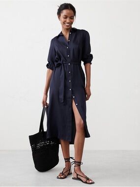 Banana Republic Navy Button-Front Midi Shirt Dress
